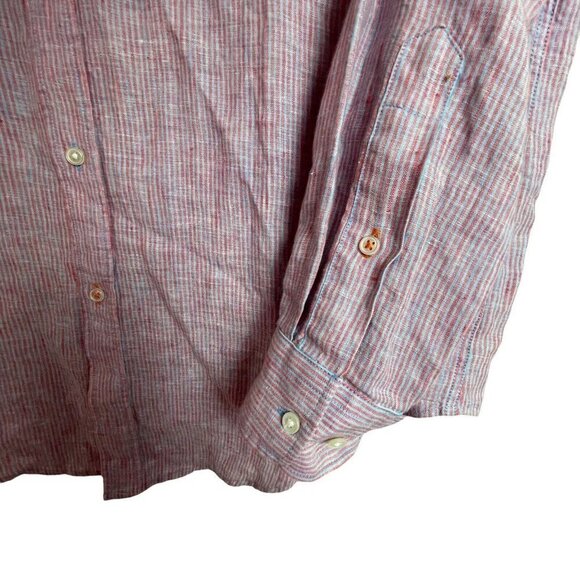 J McLaughlin Men's size M Linen Red Blue Striped Long Sleeve Button Up Shirt - Picture 2 of 7
